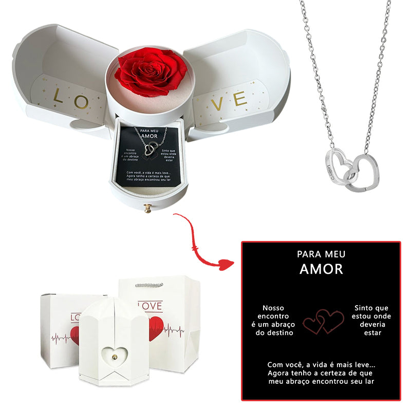 Caixa com Rosa Eterna & Colar Coração Personalizado