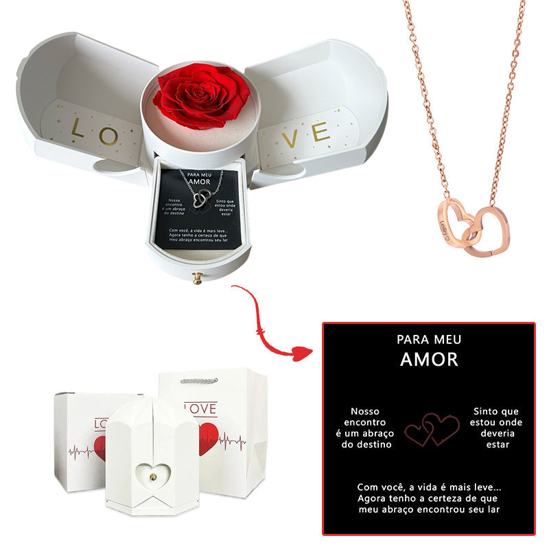 Caixa com Rosa Eterna & Colar Coração Personalizado