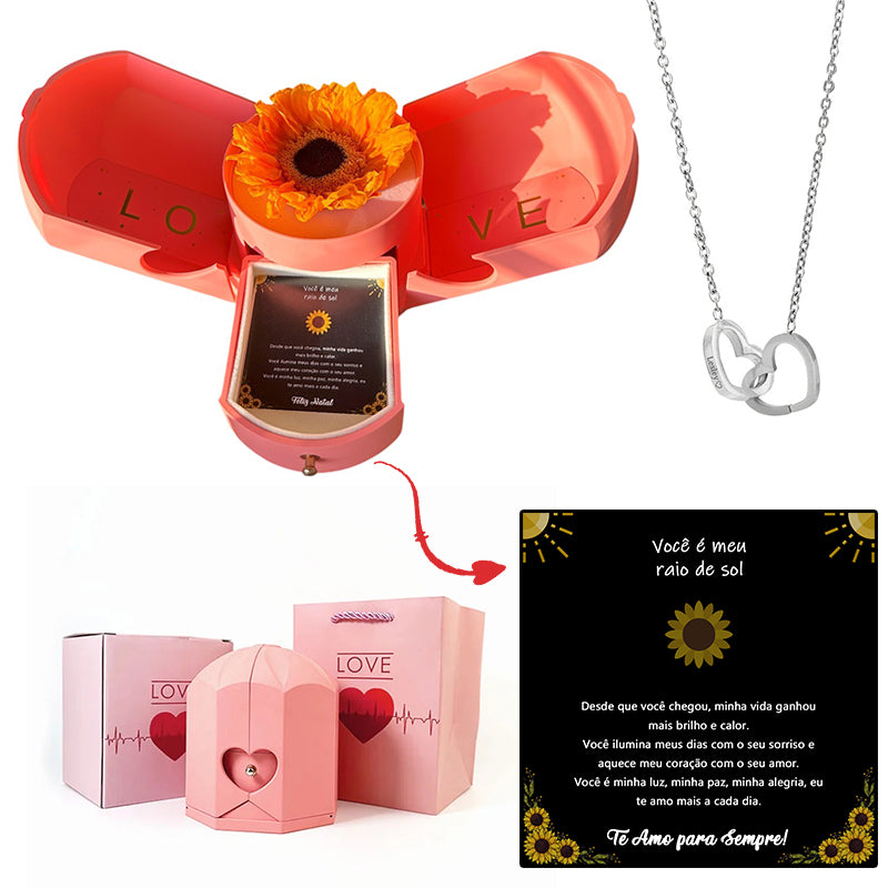 Caixa com Girassol Eterno & Colar Coração Personalizado
