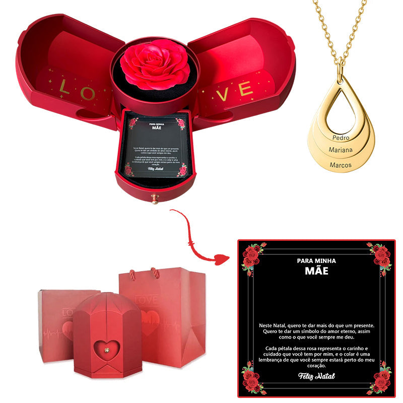 Caixa com Rosa Eterna & Colar Gota Personalizado - Para Minha Mãe