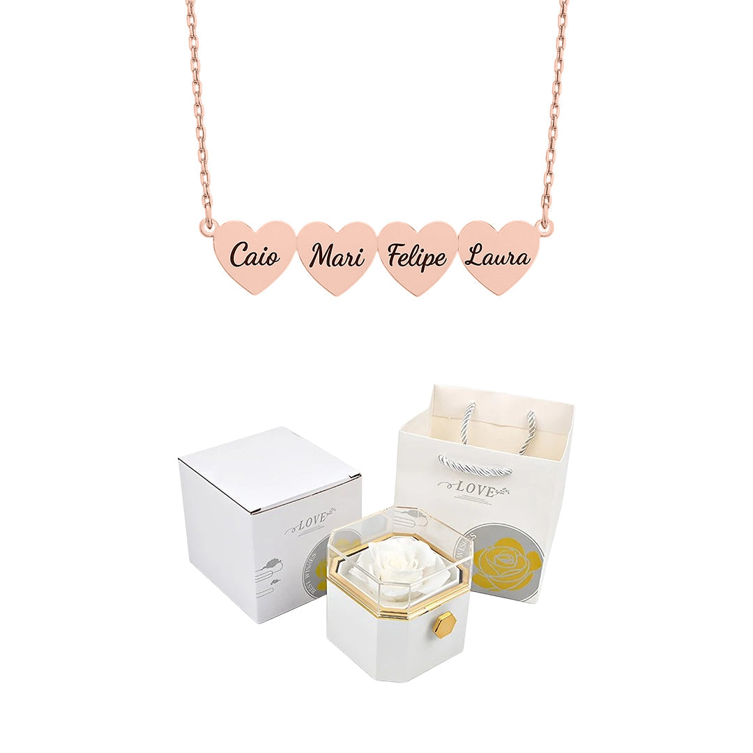 Caixa Rotativa com Rosa Eterna & Colar Coração Gravado com Nomes